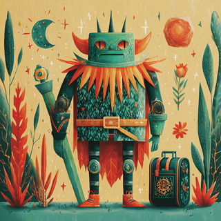 Junglebaroque style, Midjourney V7: concept art character design of retropunk steam knight
