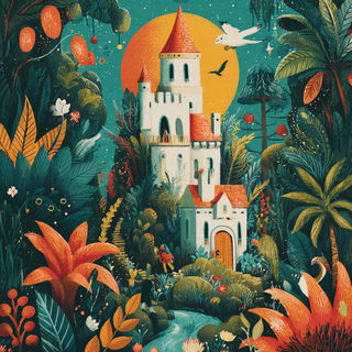 Junglebaroque style, Midjourney V7: retro fairy-tale illustration