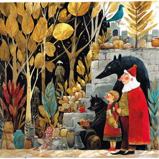 Gamboge Beastscript style, Midjourney V7: retro fairy-tale illustration