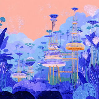 Crayon Cosmogony style, Midjourney V7: megacity with futuristic bioarchitecture