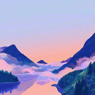 Crayon Cosmogony style, Midjourney V7: realistic landscape photograph of quiet dawn