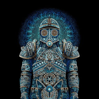 Mandapuppetry style, Midjourney V7: concept art character design of retropunk steam knight