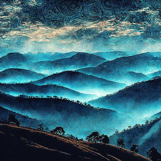 Mandapuppetry style, Midjourney V7: realistic landscape photograph of quiet dawn