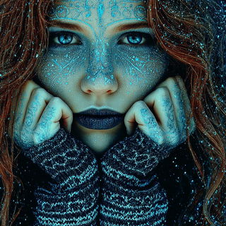 Mandapuppetry style, Midjourney V7: photographic portrait of female protagonist