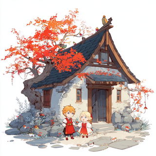 Pagoda Riptide style, Midjourney V7: retro fairy-tale illustration