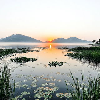 Pagoda Riptide style, Midjourney V7: realistic landscape photograph of quiet dawn