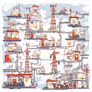 Pagoda Riptide style, Midjourney V7: technical infrastructure blueprint schematics