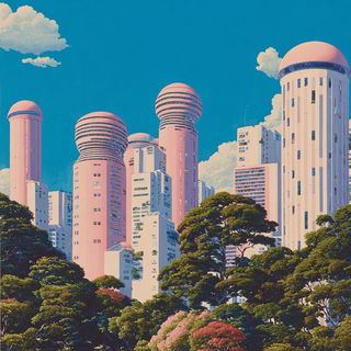 Glasshouse Backfigure style, Midjourney V7: megacity with futuristic bioarchitecture