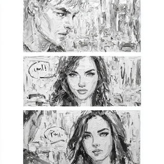 Paintknife Carnival style, Midjourney V7: black-and-white manga comic strip