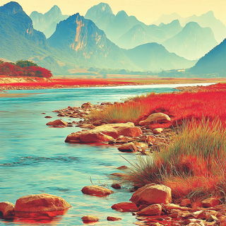 Ornamentectonics style, Midjourney V7: realistic landscape photograph of quiet dawn