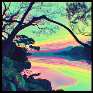 Retinal Arcism style, Midjourney V7: realistic landscape photograph of quiet dawn