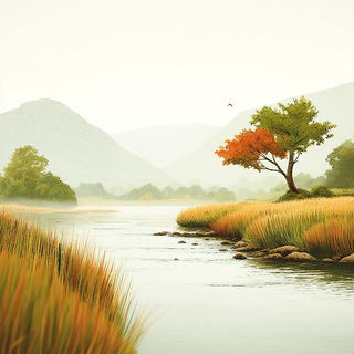 Gouachipelago style, Midjourney V7: realistic landscape photograph of quiet dawn