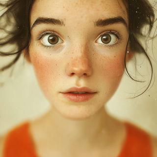 Gouachipelago style, Midjourney V7: photographic portrait of female protagonist
