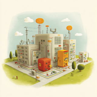 Gouachipelago style, Midjourney V7: technical infrastructure blueprint schematics