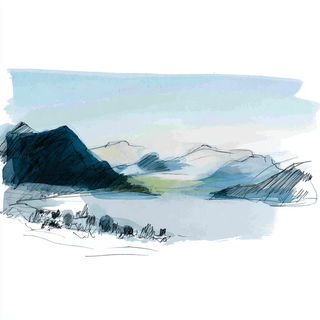 Papercloisonne style, Midjourney V7: realistic landscape photograph of quiet dawn