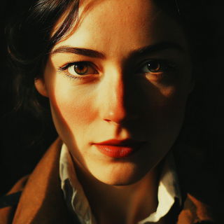 Cavernal Goldenism style, Midjourney V7: photographic portrait of female protagonist