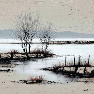 Maskscar Inkism style, Midjourney V7: realistic landscape photograph of quiet dawn
