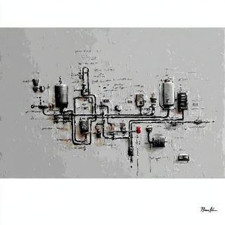 Maskscar Inkism style, Midjourney V7: technical infrastructure blueprint schematics