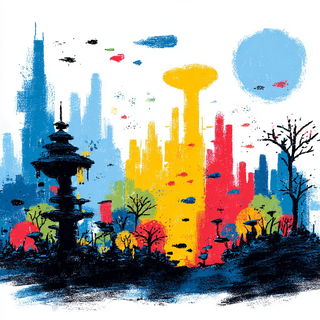 Port Yellowsplice style, Midjourney V7: megacity with futuristic bioarchitecture