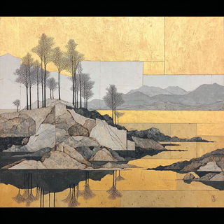 Ocheroscript style, Midjourney V7: realistic landscape photograph of quiet dawn