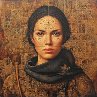 Rimeforge Iconism style, Midjourney V7: photographic portrait of female protagonist