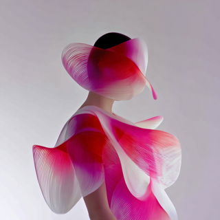Ribbonstrata style, Midjourney V7: haute-couture fashion outfit