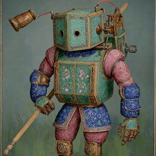 Illumaturk style, Midjourney V7: concept art character design of retropunk steam knight