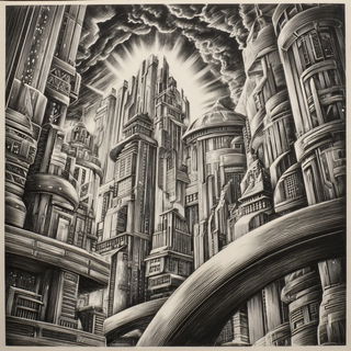 Hatchomancy style, Midjourney V7: megacity with futuristic bioarchitecture