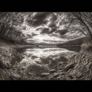 Hatchomancy style, Midjourney V7: realistic landscape photograph of quiet dawn