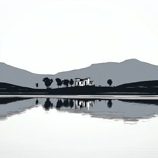 Risoquill style, Midjourney V7: realistic landscape photograph of quiet dawn