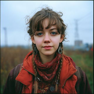 Balloonfjord style, Midjourney V7: photographic portrait of female protagonist