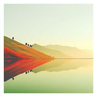 Arcplate style, Midjourney V7: realistic landscape photograph of quiet dawn