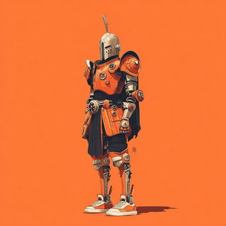 Migratectonics style, Midjourney V7: concept art character design of retropunk steam knight