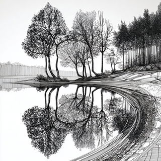 Optomechanica style, Midjourney V7: realistic landscape photograph of quiet dawn
