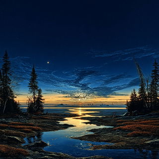 Ruindance style, Midjourney V7: realistic landscape photograph of quiet dawn