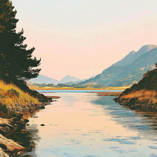 Pastelocartography style, Midjourney V7: realistic landscape photograph of quiet dawn