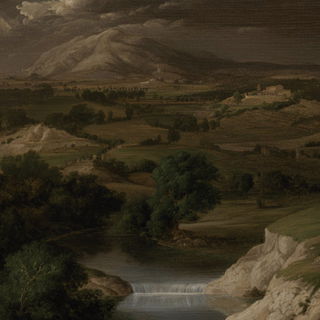 Fleshbrocade style, Midjourney V7: realistic landscape photograph of quiet dawn