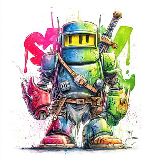 Dripglyph style, Midjourney V7: concept art character design of retropunk steam knight