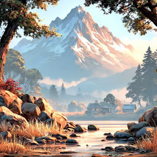 Coralossaur style, Midjourney V7: realistic landscape photograph of quiet dawn