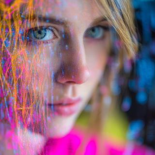 Fiberoptic Millinery style, Midjourney V7: photographic portrait of female protagonist