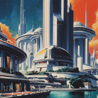 Saucerarabesque style, Midjourney V7: megacity with futuristic bioarchitecture