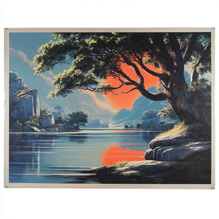 Saucerarabesque style, Midjourney V7: realistic landscape photograph of quiet dawn