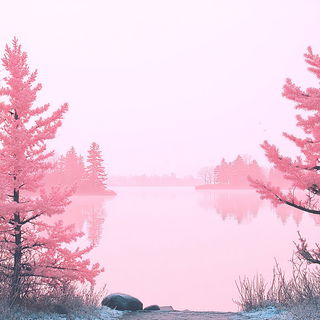 Pinksky Cartopop style, Midjourney V7: realistic landscape photograph of quiet dawn