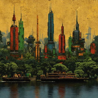 Rimebar Collage style, Midjourney V7: megacity with futuristic bioarchitecture