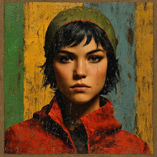 Rimebar Collage style, Midjourney V7: photographic portrait of female protagonist