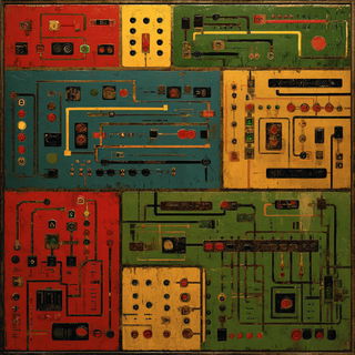 Rimebar Collage style, Midjourney V7: technical infrastructure blueprint schematics