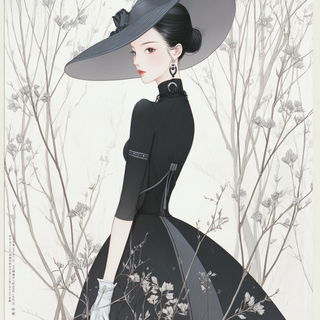 Lunette Lithograph style, Midjourney V7: haute-couture fashion outfit