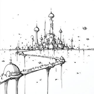 Inkstrata style, Midjourney V7: megacity with futuristic bioarchitecture