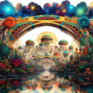 Jewelgate Fairground style, Midjourney V7: megacity with futuristic bioarchitecture