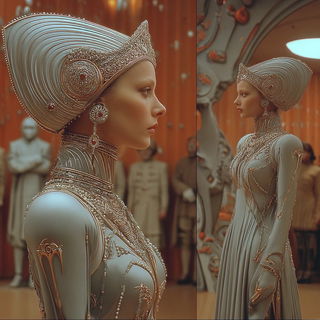 Solaris Cartographic Baroque style, Midjourney V7: haute-couture fashion outfit